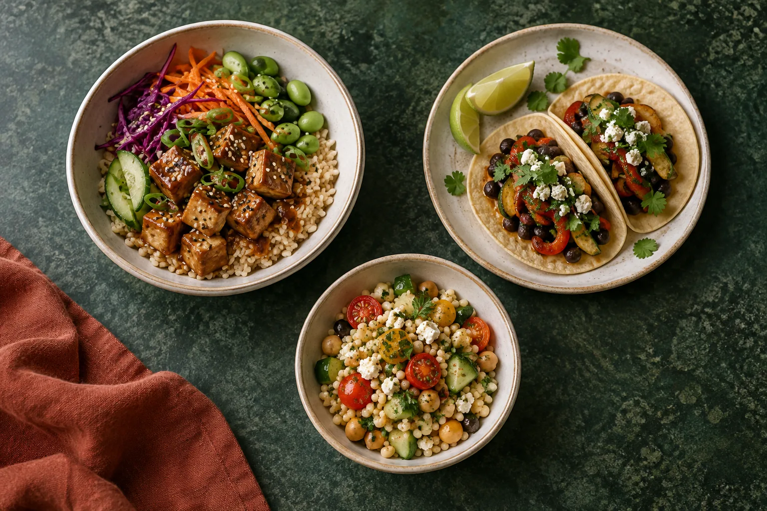 Three meals on a green stone table: sesame tofu and rice, vegetable and black-bean tacos, and a couscous salad